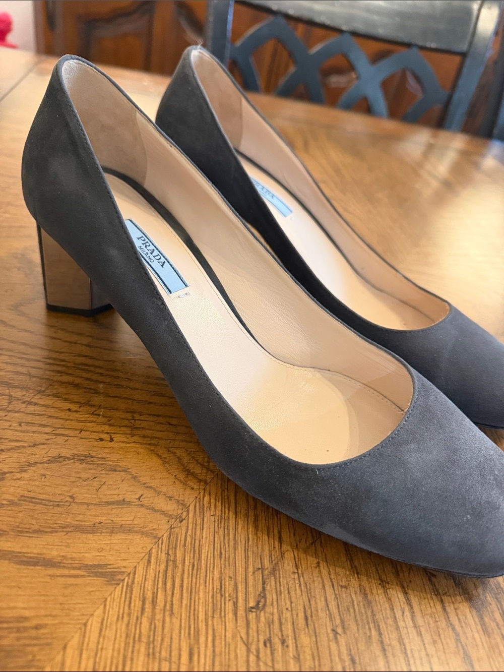 Prada Gray Suede Block Heel Pumps